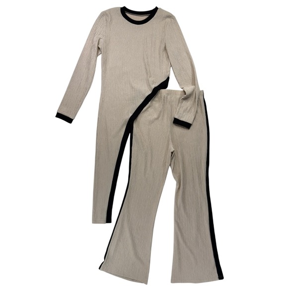 Pants - Asymmetrical Textured 2-Piece Set Women S Beige Black Flare